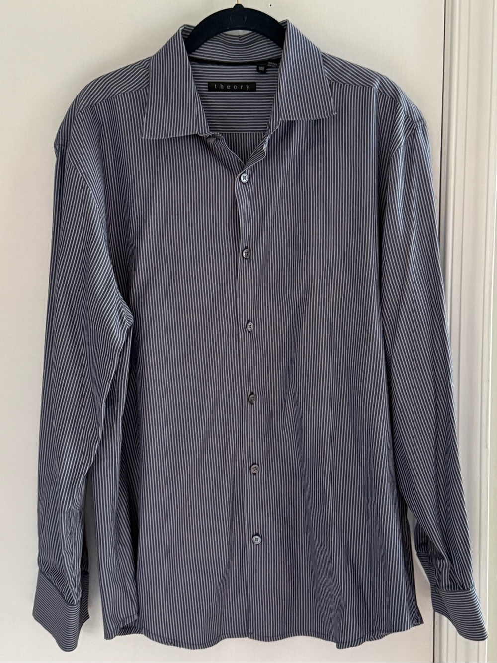 Theory Men's Gray and White Pinstripe Dress Shirt Size 17 1/2, 32-33 R